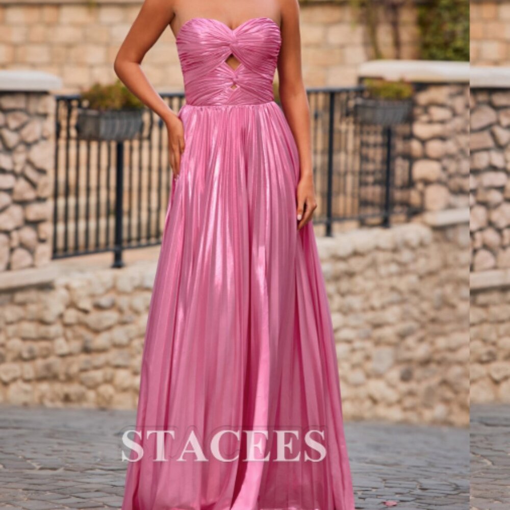 Stacees Strapless Keyhole Metallic Pleated A-line Prom Dress with Slit